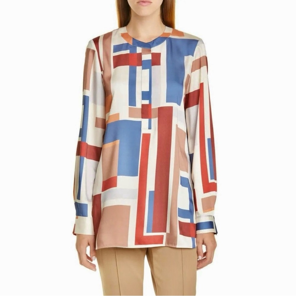 Lafayette 148 New York Prisha Print Blouse Block Geometric Long Sleeve Medium